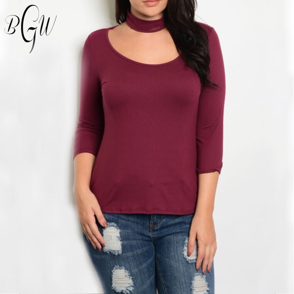 Best Seller Burgundy Plus Choker Fitted Top - Picture 2 of 4